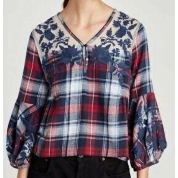 ZARA 🐾 Basic Red Blue Plaid Blouse with Flowers Size Large - Picture 1 of 7